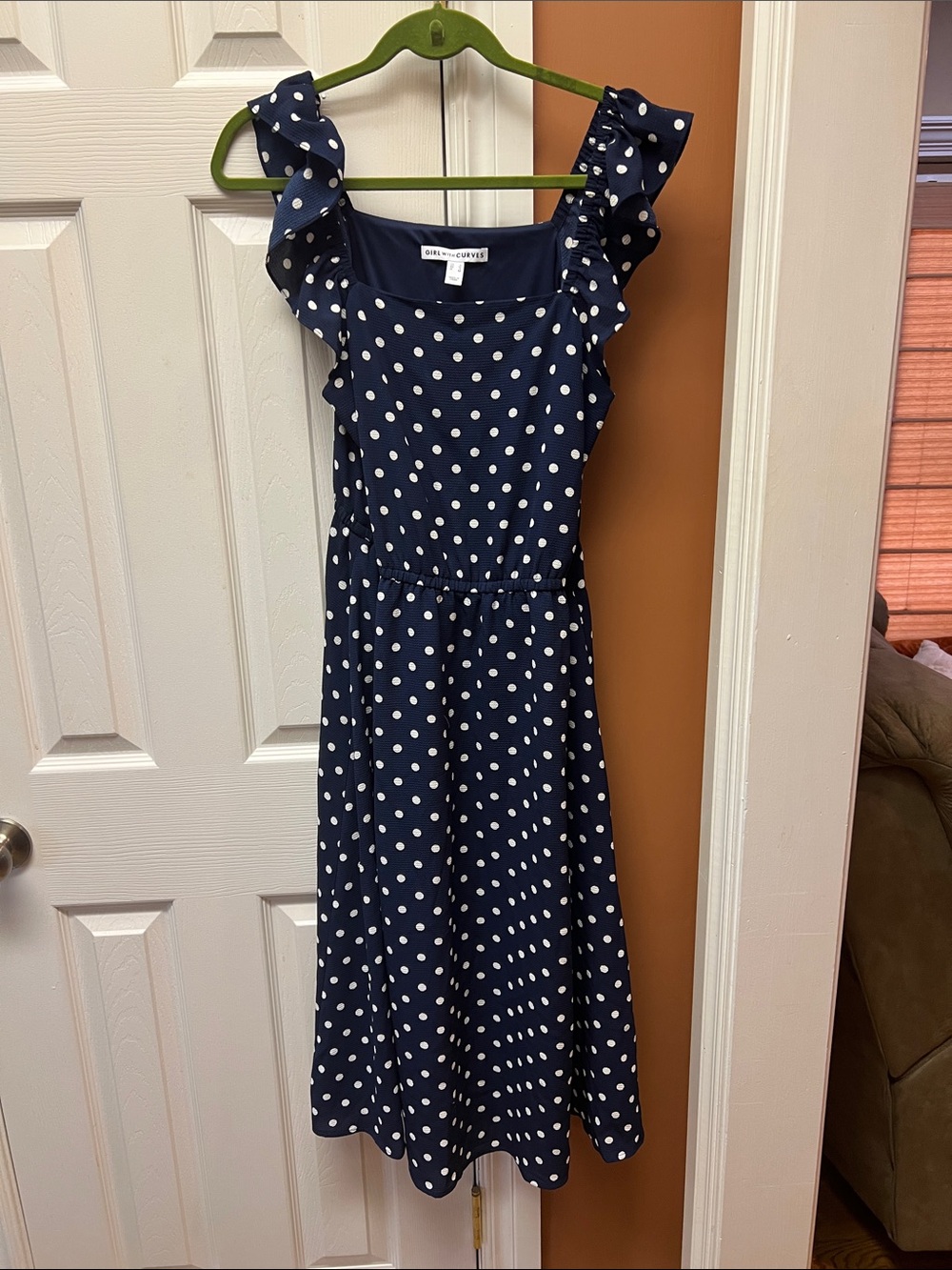 Polka Dot Ruffle Strap Midi Dress in Navy